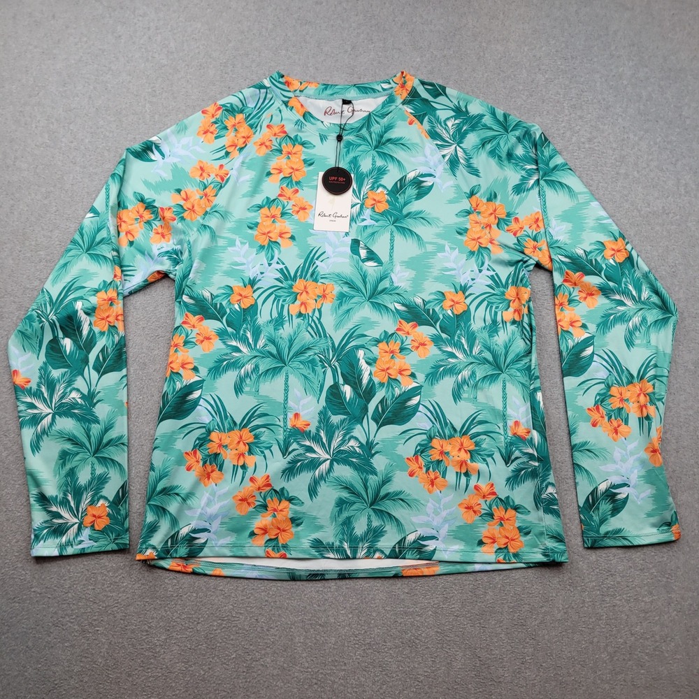 Robert Graham Rash Guard Mens Large Green Tropical Forest Cabbage Floral UPF 50+